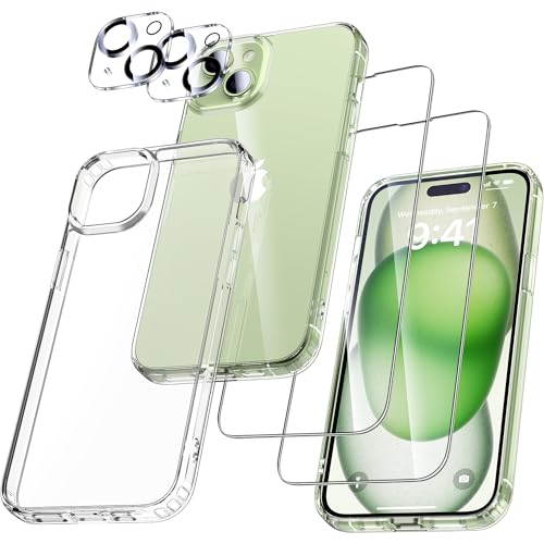 UniqueMe für iPhone 15 Hülle, [5-in-1-Set] Handyhülle für iPhone 15 Case Rundumschutz Schutzhülle Cover [1 Handyhülle+2 Schutzfolie+2 Kameraschutz] Transparent