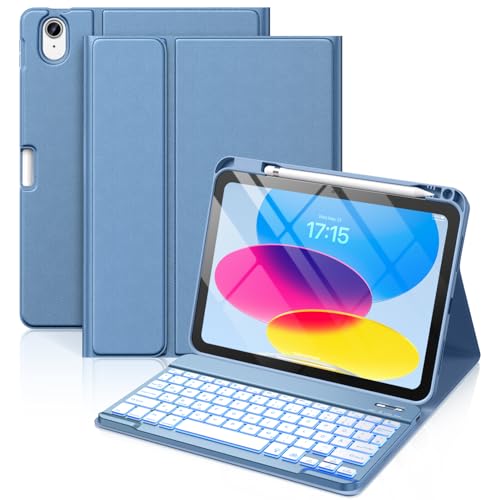 Vobafe iPad 10 Generation Hülle mit Tastatur 10,9 Zoll 2022-7 Farben Beleuchtete Kabellose Abnehmbare Folio Keyboard Hülle mit Stifthalter für Neue iPad 10. Generation, Blau